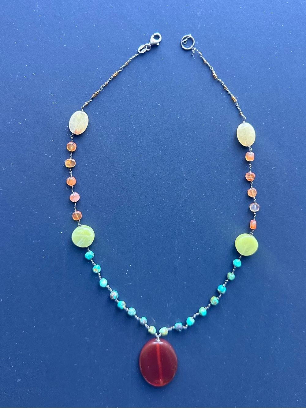 Multicolor Gemstone Bead Necklace with Red Pendant